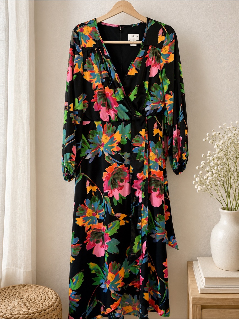 Nicole Miller Black Wrap Dress with Vibrant Floral Print